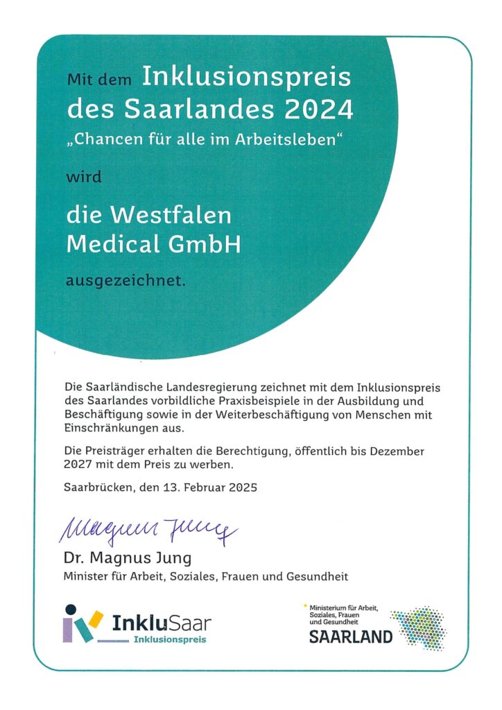 Zertifikat Inklusionspreis Saarlands Westfalen Medical