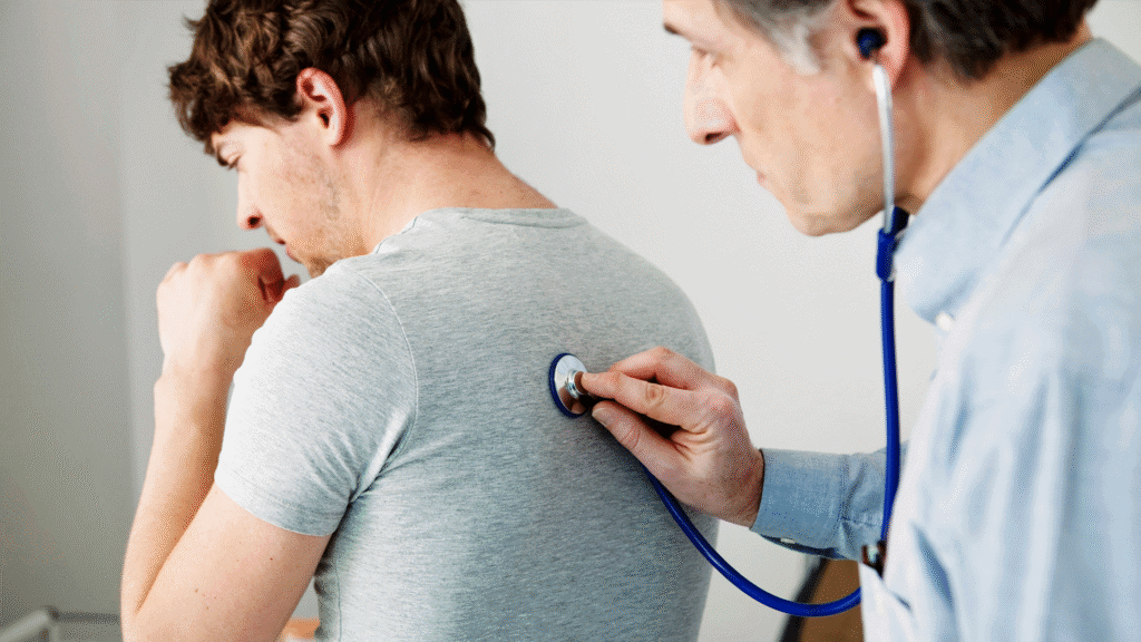 Dokter die luistert naar de longen van een patiënt